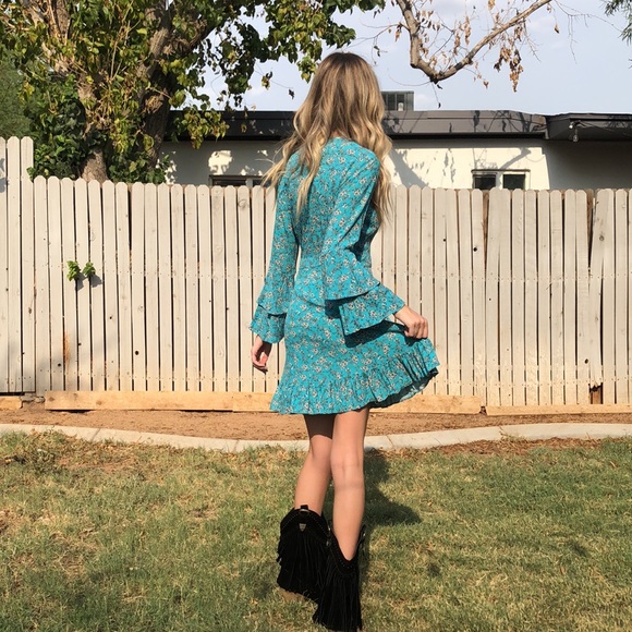 Turquoise Ruffle Hem Boho Gypsy V-Neck Play Dress - Picture 5 of 6